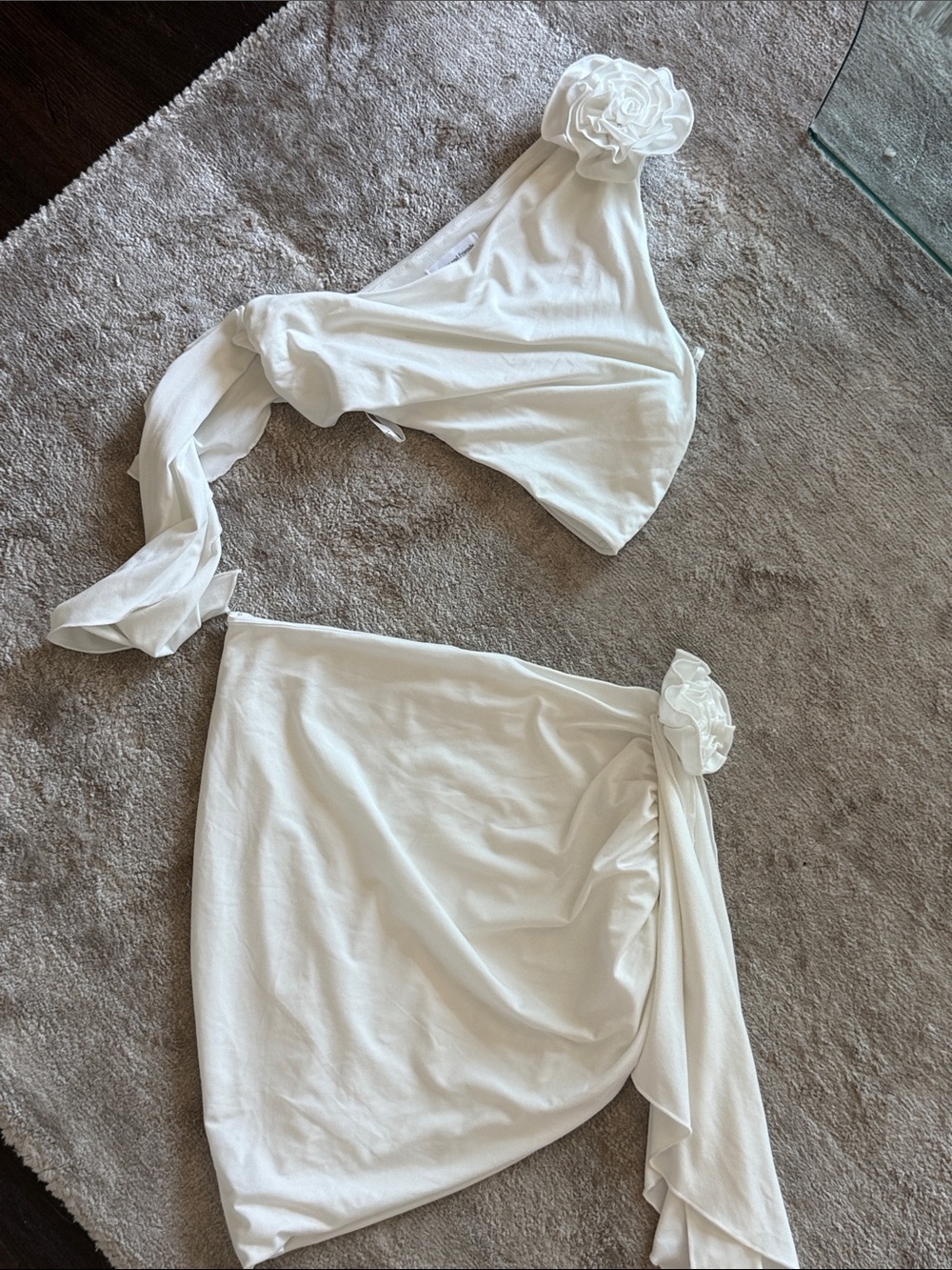 Lovers + Friends White Two-Piece Wrap Skirt Set with Rosette Accent